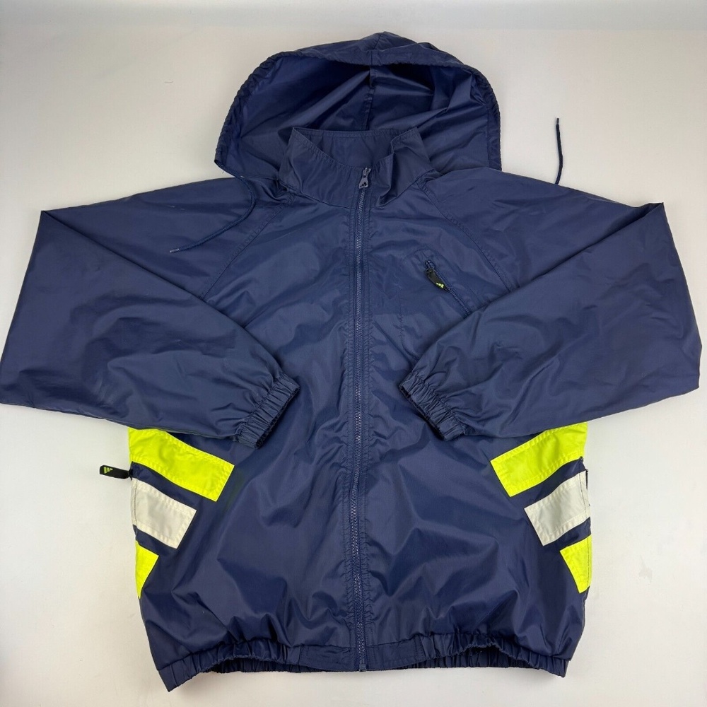 Vintage Adidas Mens Size L Full Zip Windbreaker Jacket Blue Neon Green Hooded
